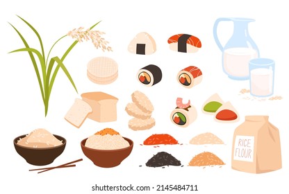 Rice food products, ingredients and plants set vector illustration. Cartoon grain piles and flour package, boiled noodles in bowl, sushi rolls and chips, vegan milk in glass bottle isolated on white