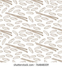 Rice. Grain, cereals. Sticks. Sketch. Background, wallpaper, seamless. Monochrome.