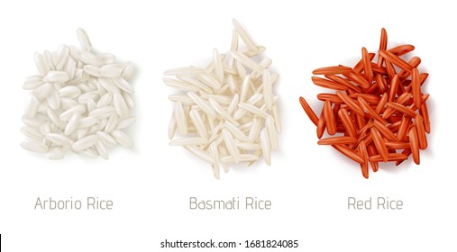 Rice grain heaps different types. Vector realistic pile of raw seeds, arborio, basmati and red rice isolated on white background. Natural organic cereal ingredient for cooking sushi or garnish