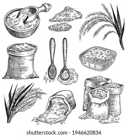 Rice grain in sacks and bowls sketch set. Rice ears plant vector illustration. Hand drawn cereal food product elements collection. Harvest, agriculture concept