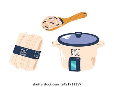 Rice Grain In Spoon, Noodles Are Thin, Flat Strips Made From Rice Flour, Versatile In Asian Cuisine, Rice Cooker