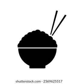 Rice grains in bowl with chopsticks style vector icon.