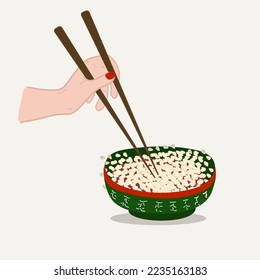 Rice green on plate with chines Chopsticks in hand. Delicious Asian food Vector illustration. Cover, menu, postcards, print, corporate merchandise, banner design, website and social media post