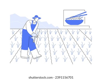 Rice growing abstract concept vector illustration. Farmer growing rice in countryside, agriculture harvest production, agribusiness industry, processing-manufacturing sector abstract metaphor.