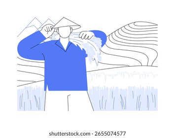 Ilustraciones vectoriales de dibujos animados aislados de cultivo de arroz. Joven agricultor que cultiva arroz, producción de cosecha agrícola, industria agroindustrial, sector de procesamiento y manufactura de dibujos animados de Vector.