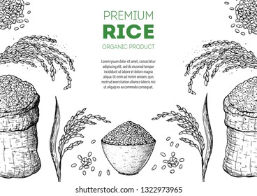Rice hand drawn vector illustration. Bag of rice sketch. Packaging design