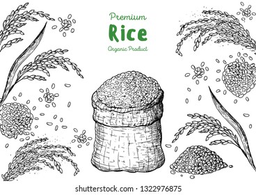 Rice hand drawn vector illustration. Bag of rice sketch. Packaging design