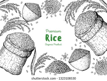 Rice hand drawn vector illustration. Bag of rice sketch. Packaging design