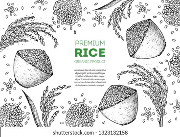 Rice hand drawn vector illustration. Bag of rice sketch. Packaging design