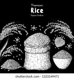 Rice hand drawn vector illustration. Bag of rice sketch. Packaging design