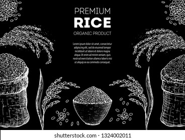 Rice hand drawn vector illustration. Bag of rice sketch. Packaging design