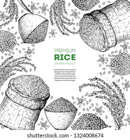 Rice hand drawn vector illustration. Bag of rice sketch. Packaging design. Sketch vector illustration. Vintage style
