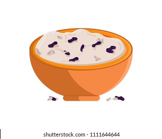Rice and healthy food bowl with product or tasty meal, part of vegetables, vegetarian cartoon flat vector illustration isolated on white background.