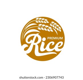 Icono de arroz con espigas y semillas. Emblema agrícola vectorial aislado para la producción de cereales. Etiqueta redonda de color marrón claro y blanco para productos naturales orgánicos de la planta y alimentos saludables