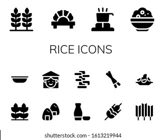 rice icon set. 14 filled rice icons.  Simple modern icons such as: Wheat, Dumpling, Cooker, Rice, Bowl, Onigiri, Vietnamese, Sake, Wing chun, Chopsticks