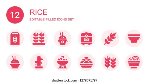 rice icon set. Collection of 12 filled rice icons included Cereal, Rice, Rice cooker, Wheat, Wing chun, Bowl, Kanji vadas