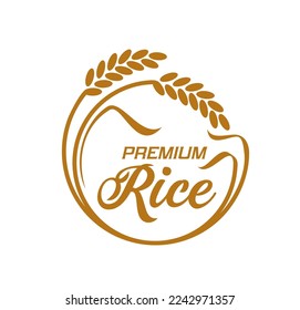 Rice icon, vector emblem with round frame of cereal stalks and premium rice typography. Paddy rise organic natural product label, agriculture field production advertising, isolated element for package