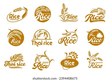 Rice icons, organic grain food and farm plant seeds package label, vector brown symbols. Natural rice product packaging icons with Thai rice ear on field for premium quality food products and cereals