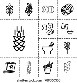 Rice icons. set of 13 editable outline rice icons such as wheat, hay, chinese fast food, asian food, cereal