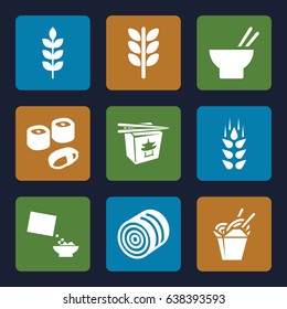 Rice icons set. set of 9 rice filled icons such as wheat, hay, chinese fast food, asian food, cereal
