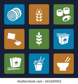 Rice icons set. set of 9 rice filled icons such as wheat, hay, chinese fast food, asian food, cereal