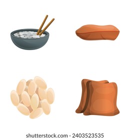 Rice icons set cartoon vector. Rice consumption and storage. Traditional product, agriculture