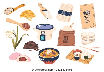 Rice Icons Set Featuring Delicate Grains, Rice Cooker, And Traditional Chopsticks, Celebrating The Cultural Significance