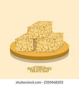 Rice Krispies Treat on a wooden plate, with bold text on a light brown background to celebrate Rice Krispies Treats Day on September 18