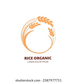 Rice logo sign concept. Grain plants, wheat, rye cereal hand drawn crayon pencil, chalk icon. Vector sketch frame design for organic flour package, bread label, bakery shop