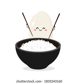 Rice mascot  and rice bowl isolated on white background vector illustration. Funny cartoon character.