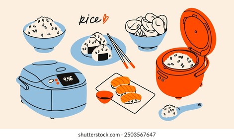 Rice meals. Bowl with rice, onigiri, rice chips, nigiri sushi, soy sauce, chopsticks, rice cooker. Tasty asian food concept. Hand drawn modern Vector illustration. Isolated design elements