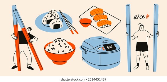 Comidas de arroz. Cuenco con arroz, onigiri, nigiri, sushi, salsa de soja, gente con palillos grandes, olla arrocera. Sabroso concepto de comida asiática. Ilustración vectorial moderna dibujada a mano. Elementos de diseño aislados