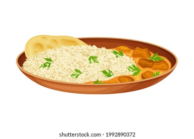 Rice with Meat Gravy and Flatbread as Indian Dish and Main Course Served on Plate and Garnished with Herbs Closeup Vector Illustration