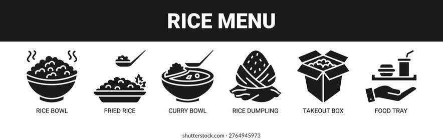 Concepto de Ilustración vectorial de ícono de Anuncio de Web de menú de arroz con íconos de cuenco de arroz, arroz frito, cuenco de curry, bola de masa hervida de arroz, caja para llevar y bandeja de comida.
