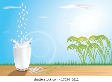 Rice milk in bottles and glasses placed on wooden planks. Natural healthy vegan products. 3D Vector illustration