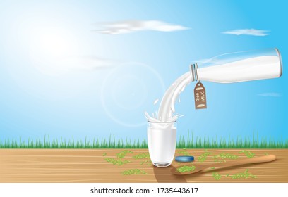 Rice milk in bottles and glasses placed on wooden planks. Natural healthy vegan products. 3D Vector illustration