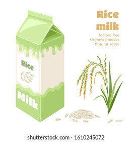 Rice Milk In Carton Box Isolated On White Background. Vector Illustration Of Plant-based Drink,  Rice Spike And Grains In Cartoon Flat Style. Organic Dairy Free Vegan Beverage.