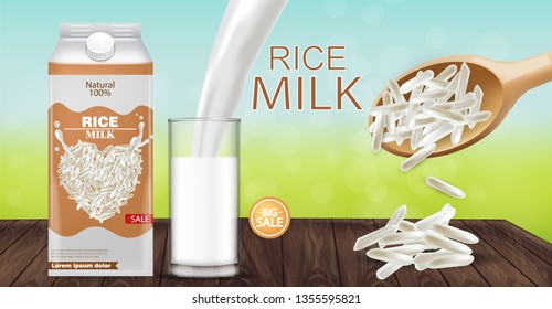 Rice milk mock up Vector realistic. Product placement advertise. Detailed grains. Label template design. Natural healthy vegan products