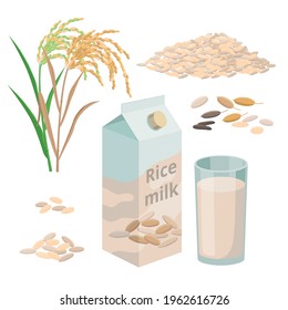 Rice milk package and glass of rice plant milk, pile of rice grains and plant. Set of vector illustrations isolated on white background.