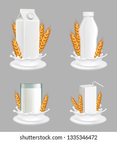 Rice milk package mockup set. Vector realistic illustration of beneficial vegan milk in glass, white blank plastic bottle and carton paper pack with liquid splash and rice plant spikelets.