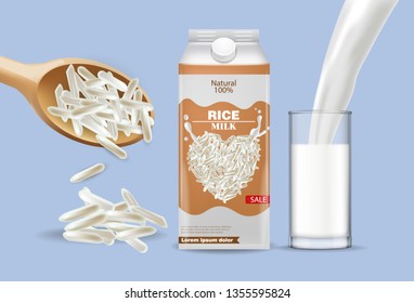 Rice milk pouring mock up Vector realistic. Product placement advertise. Detailed grains. Label template design. Natural healthy vegan products
