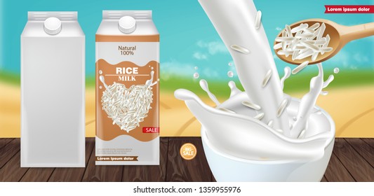 Rice milk splash mock up Vector realistic. Product placement advertise. Detailed grains. Label template design. Natural healthy vegan product