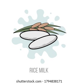 Leche de arroz. Ilustración plana vectorial. Leche vegetal saludable. Alternativa saludable a la leche. Grano de arroz y brotes de arroz al salpicar bebida lechosa. Etiqueta para el embalaje de productos ecológicos naturales.