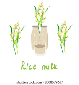 Reismilch. Pflanzliche Milchskizze. Hafermilch in einem Beutel, in einer Flasche, in einem Glas. Ohren von Mais und Reis. Morgengetränk. Gesunder Lebensstil. Gesunde pflanzliche Milchgetränke, Diätprodukte. Vektorgrafik