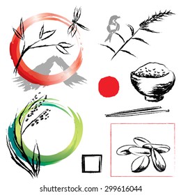 Rice, Nature, japan art. Set of ink paint design elements, hand-drawn in traditional Japanese sumi-e style. Rice bowl, rice grain, cereal plant, bird.  Symbols of Japan.Vector illustration.Eps 10.