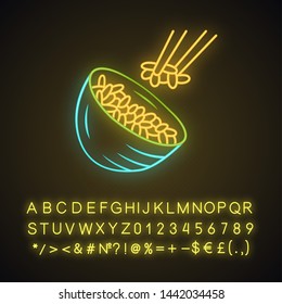 Rice neon light icon. Japanese food. Bowl with white rice. Sushi, rolls ingredient. Italian cuisine, risotto. Glowing sign with alphabet, numbers and symbols. Vector isolated illustration