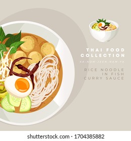 Rice noodle in fish curry sauce :Traditional Thai food collection : Vector Illustration