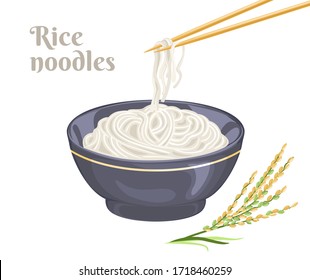 Rice noodles cooked in a dark ceramic bowl, chopsticks and an ear of rice isolated on white background. Vector illustration of asian food in cartoon flat style.