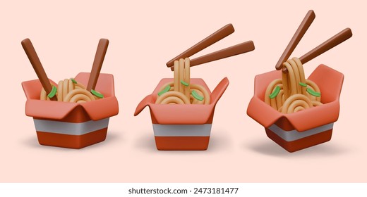 Rice noodles in paper box, seasonings, chopsticks. Asian cuisine business design