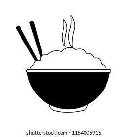 Rice on bowl with chopsticks in black and white